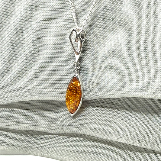 Sterling silver real amber marquise shaped necklace swirled open swirl pendant