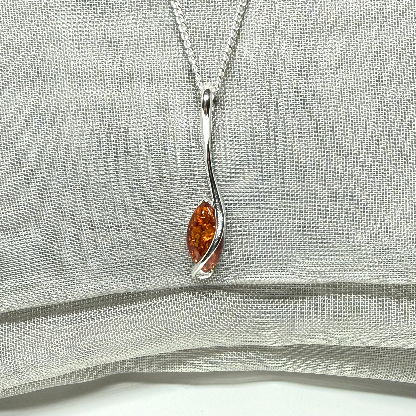 Sterling silver real amber marquise shaped necklace swirled pendant