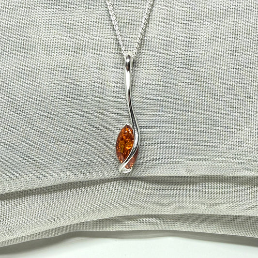 Sterling silver real amber marquise shaped necklace swirled pendant