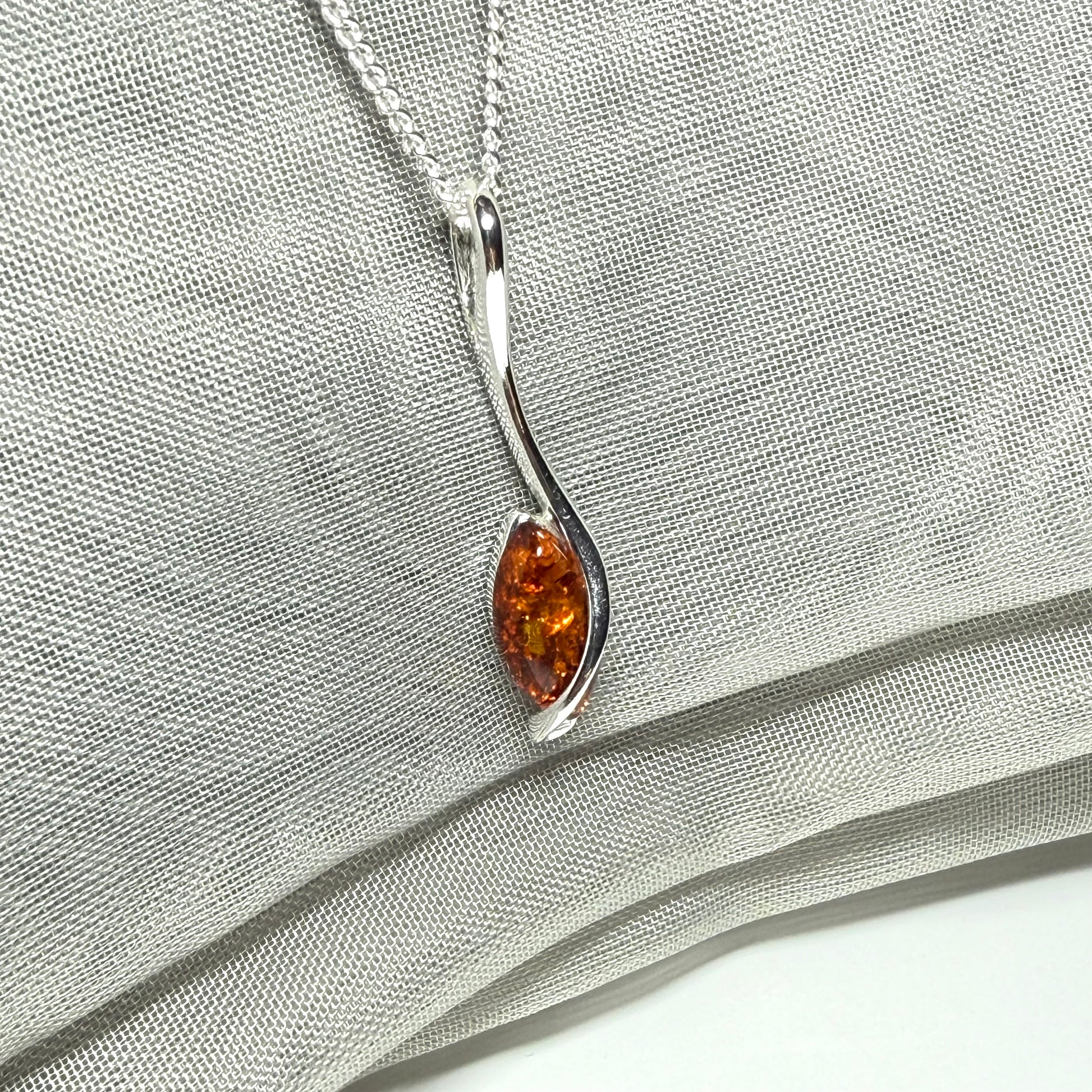 Sterling silver real amber marquise shaped necklace swirled pendant