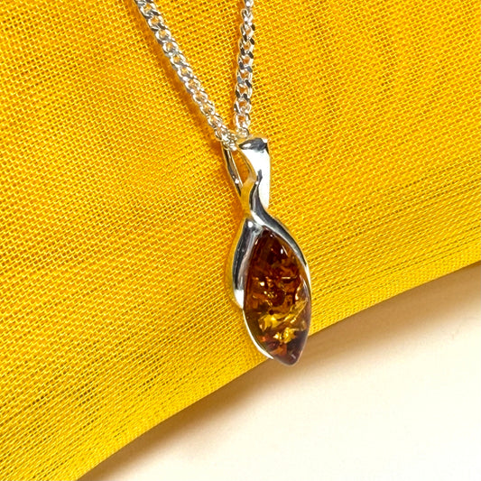 Sterling silver real amber marquise shaped necklace twisted marquise shaped pendant with a chain