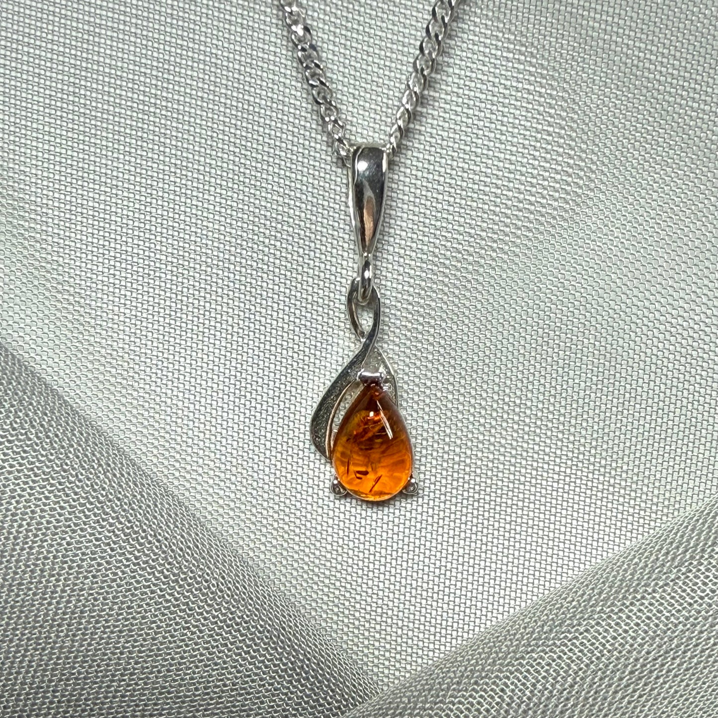 Sterling silver real amber pear cut necklace open teardrop shaped pendant with chain included