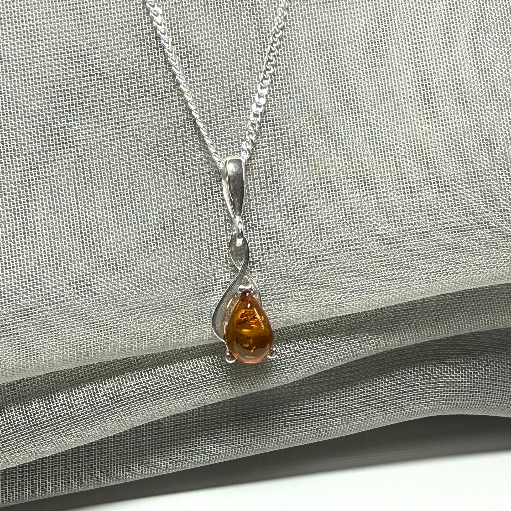 Sterling silver real amber pear cut necklace open teardrop shaped pendant with chain