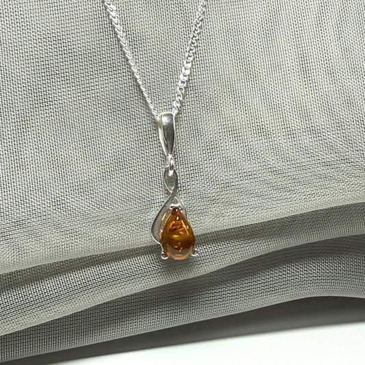 Sterling silver real amber pear cut necklace open teardrop shaped pendant with chain