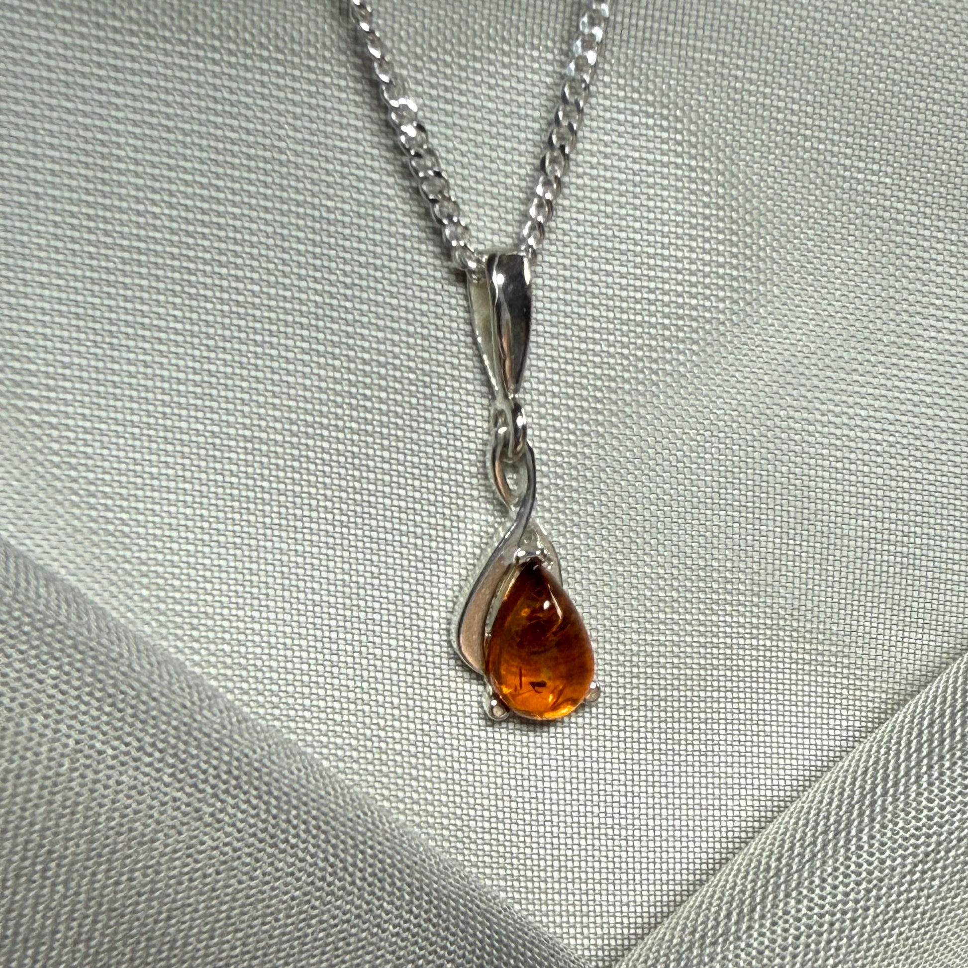 Sterling silver real amber pear cut necklace open teardrop shaped pendant with chain included