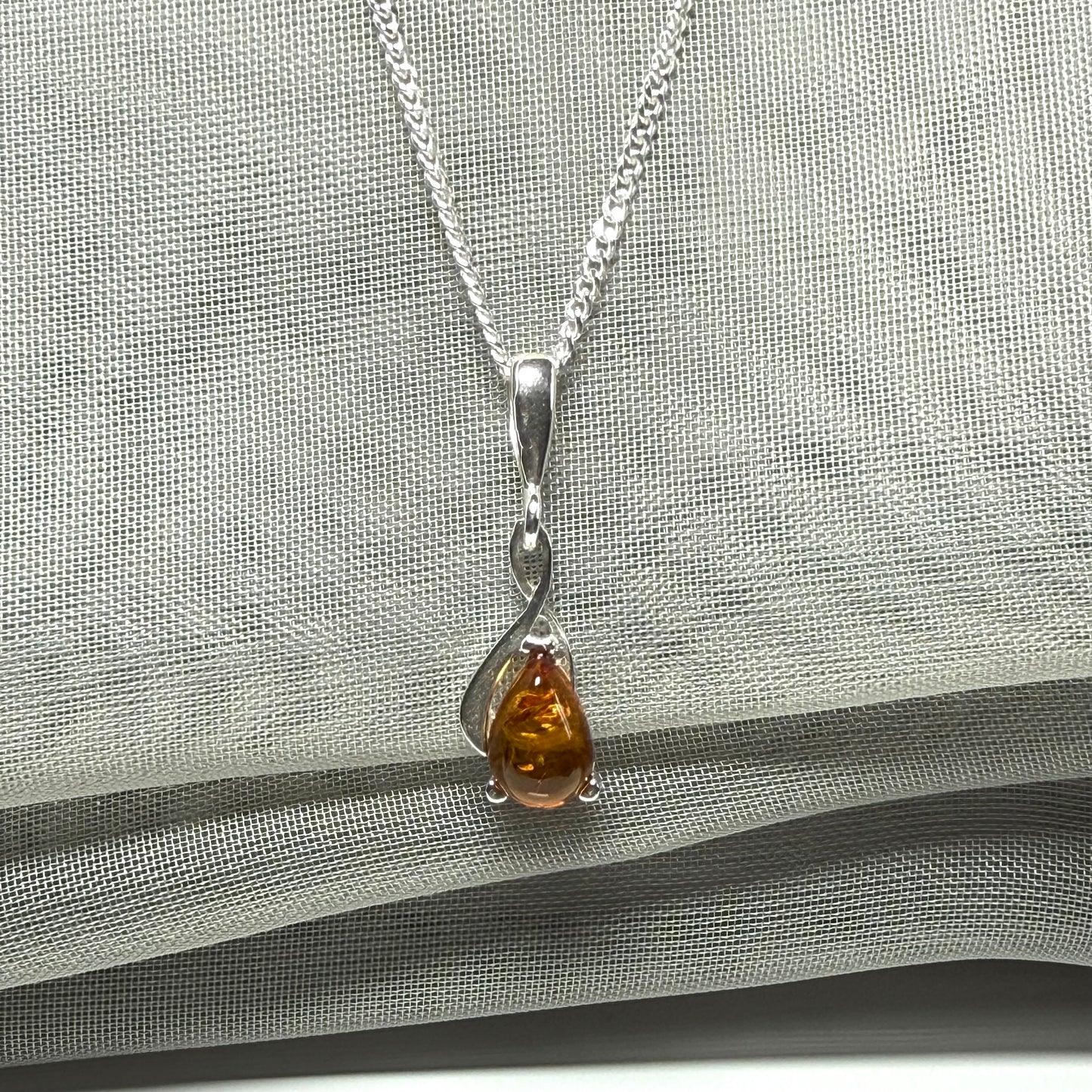 Sterling silver real amber pear cut necklace open teardrop shaped pendant with chain