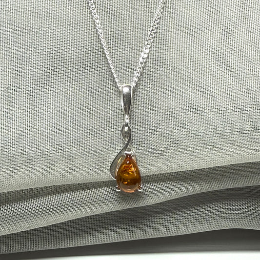 Sterling silver real amber pear cut necklace open teardrop shaped pendant with chain