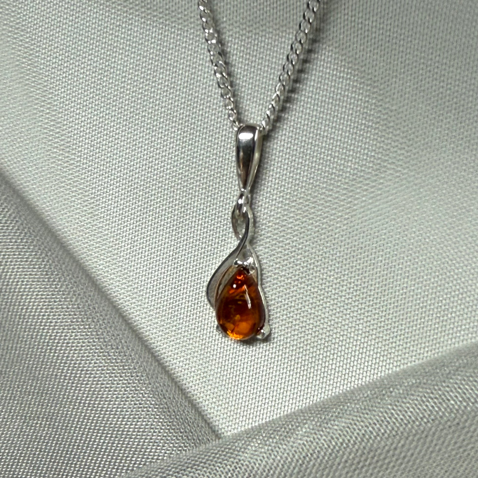 Sterling silver real amber pear cut necklace open teardrop shaped pendant with chain