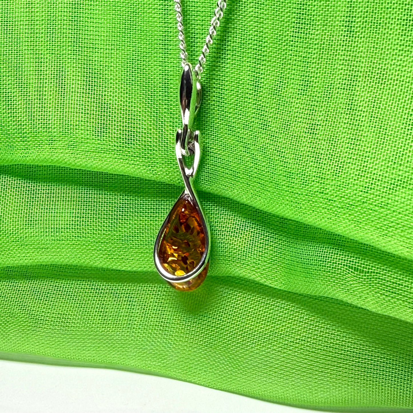 Sterling silver real amber pear necklace open teardrop shaped pendant