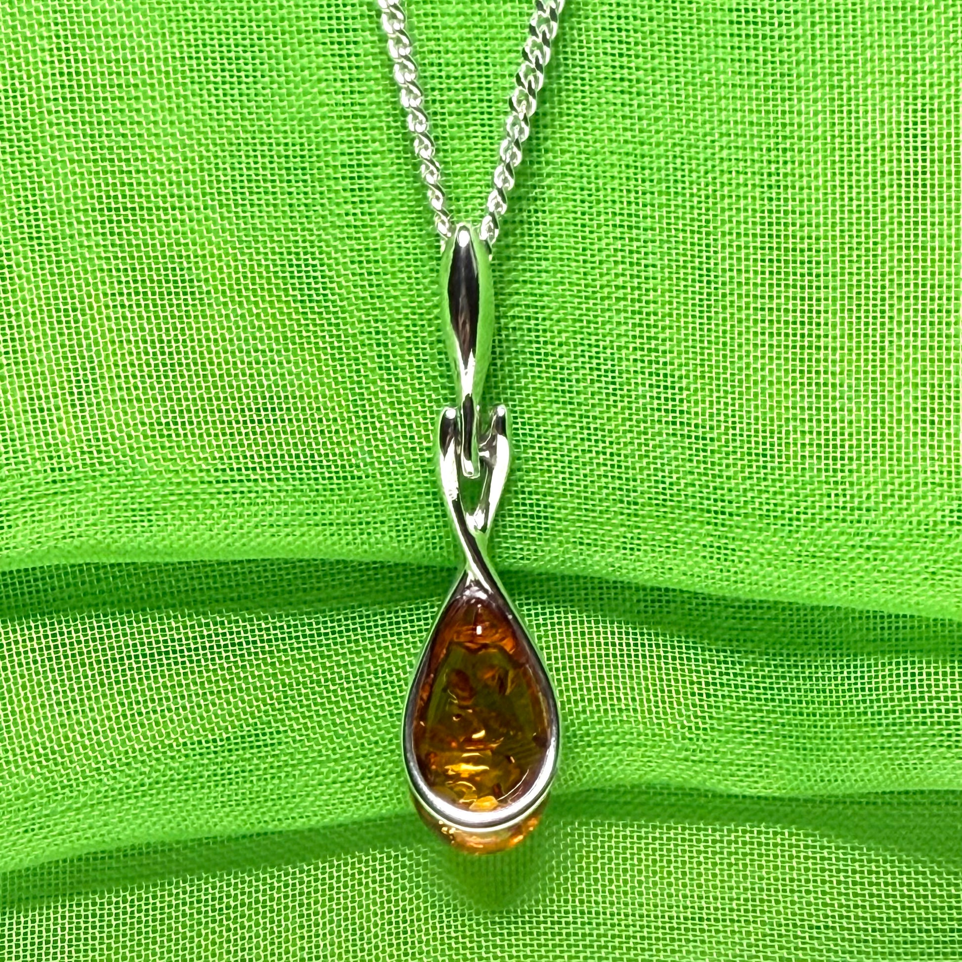 Sterling silver real amber pear necklace open teardrop shaped pendant