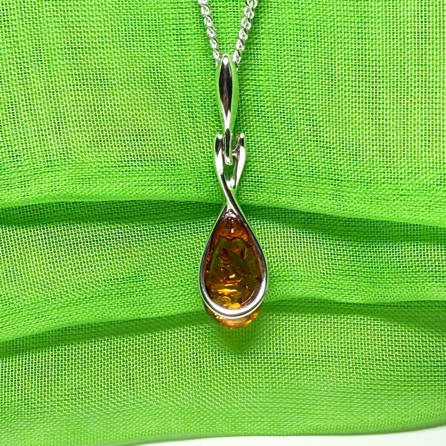 Sterling silver real amber pear necklace open teardrop shaped pendant