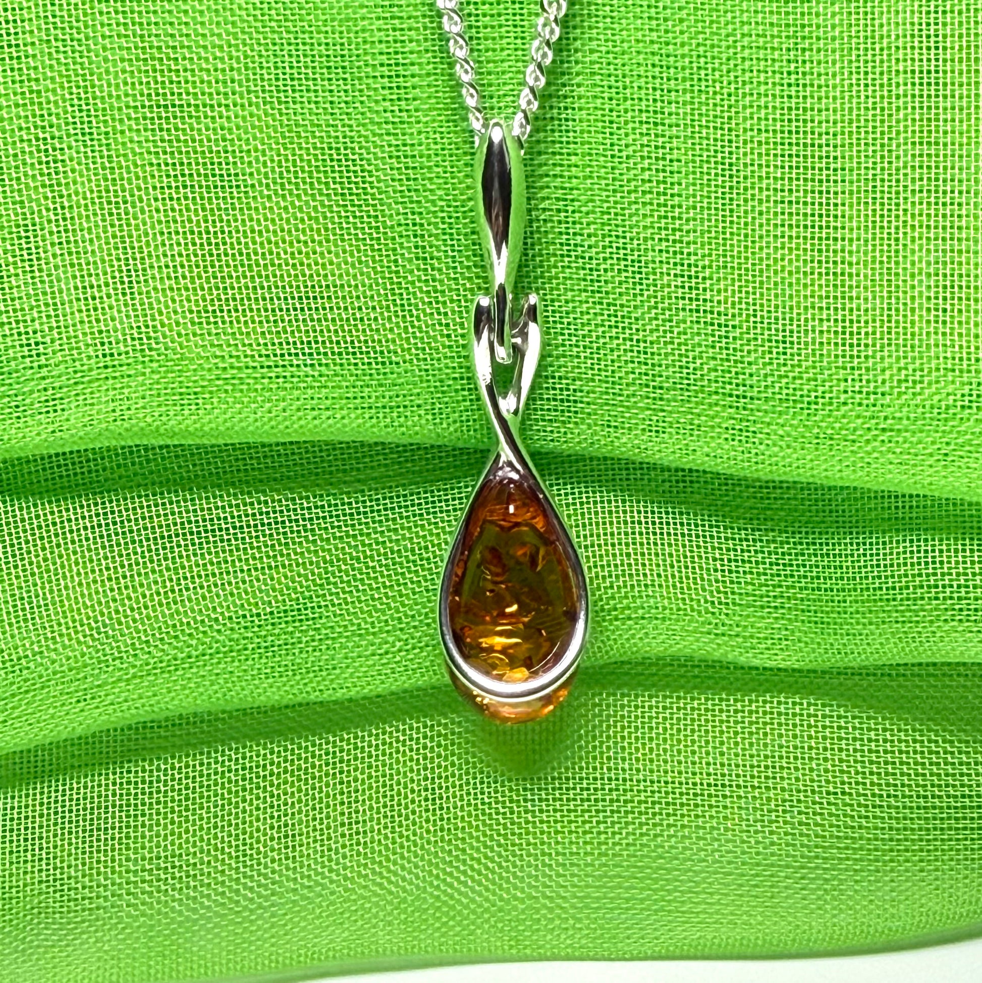 Sterling silver real amber pear necklace open teardrop shaped pendant