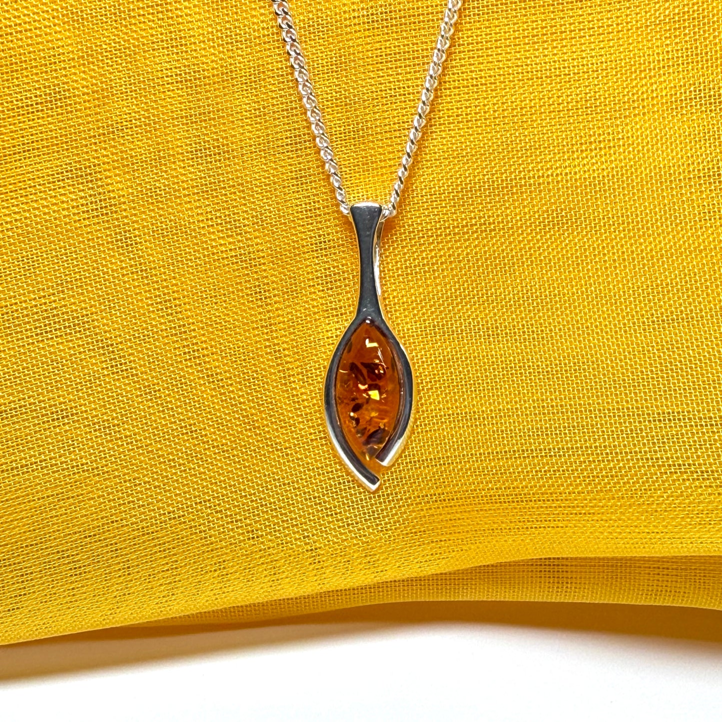 Sterling silver real amber pear shaped necklace open teardrop shaped pendant with chain