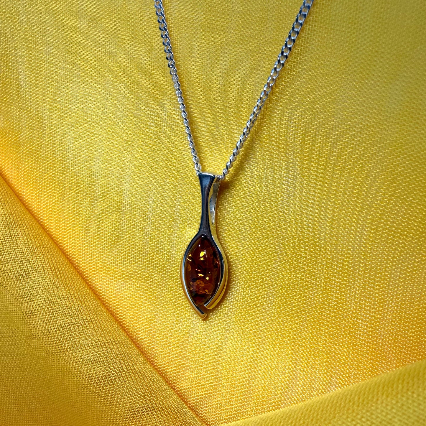 Sterling silver real amber pear shaped necklace open teardrop shaped pendant with chain