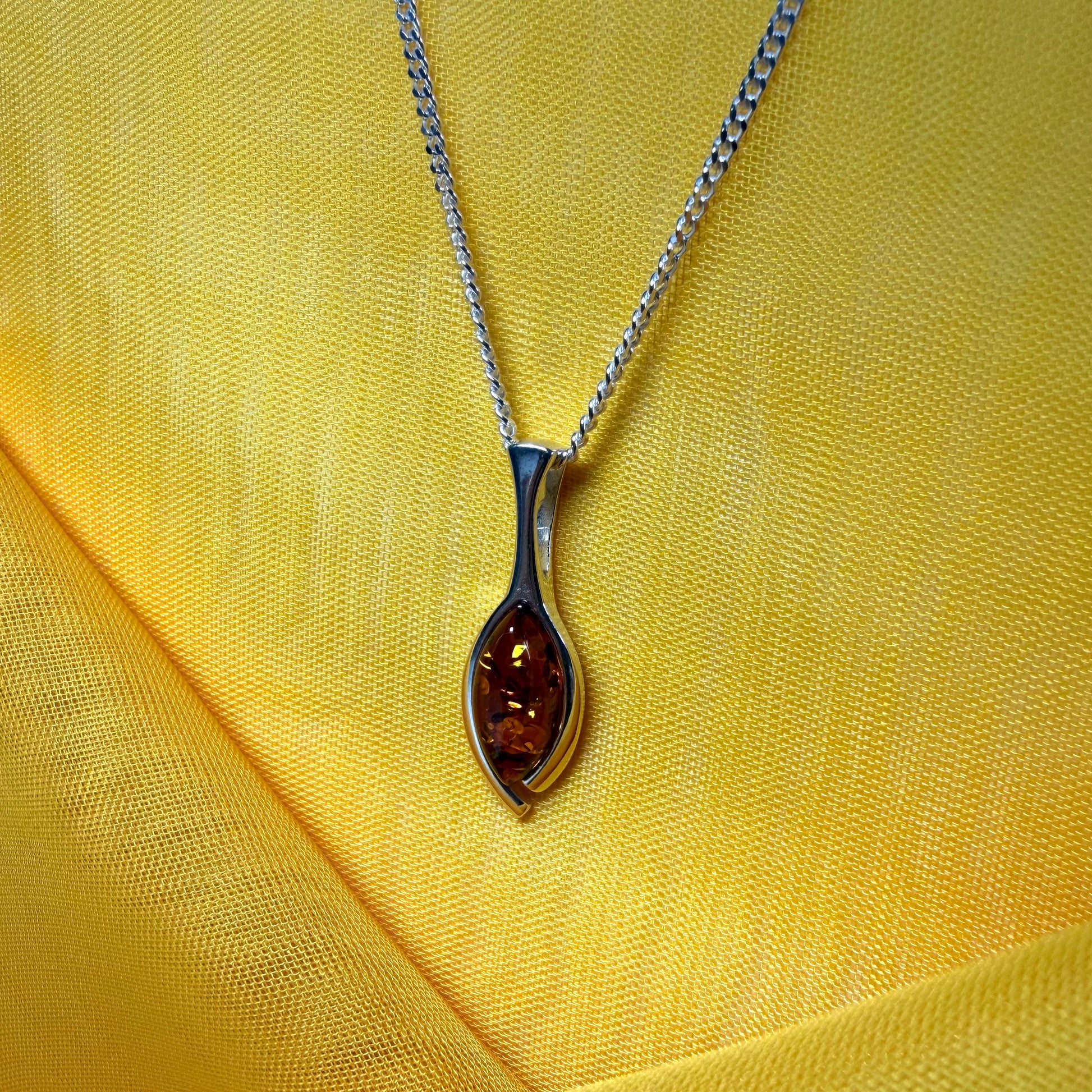 Sterling silver real amber pear shaped necklace open teardrop shaped pendant with chain