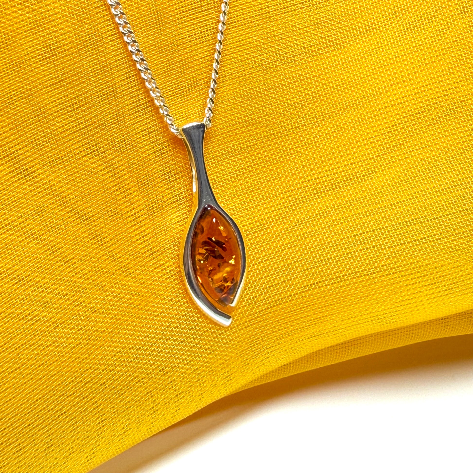 Sterling silver real amber pear shaped necklace open teardrop shaped pendant with chain