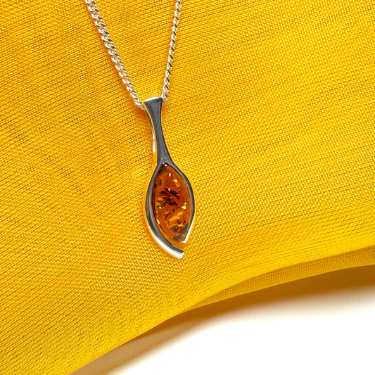 Sterling silver real amber pear shaped necklace open teardrop shaped pendant with chain