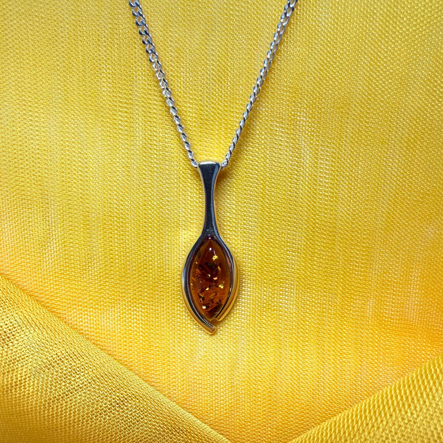 Sterling silver real amber pear shaped necklace open teardrop shaped pendant with chain