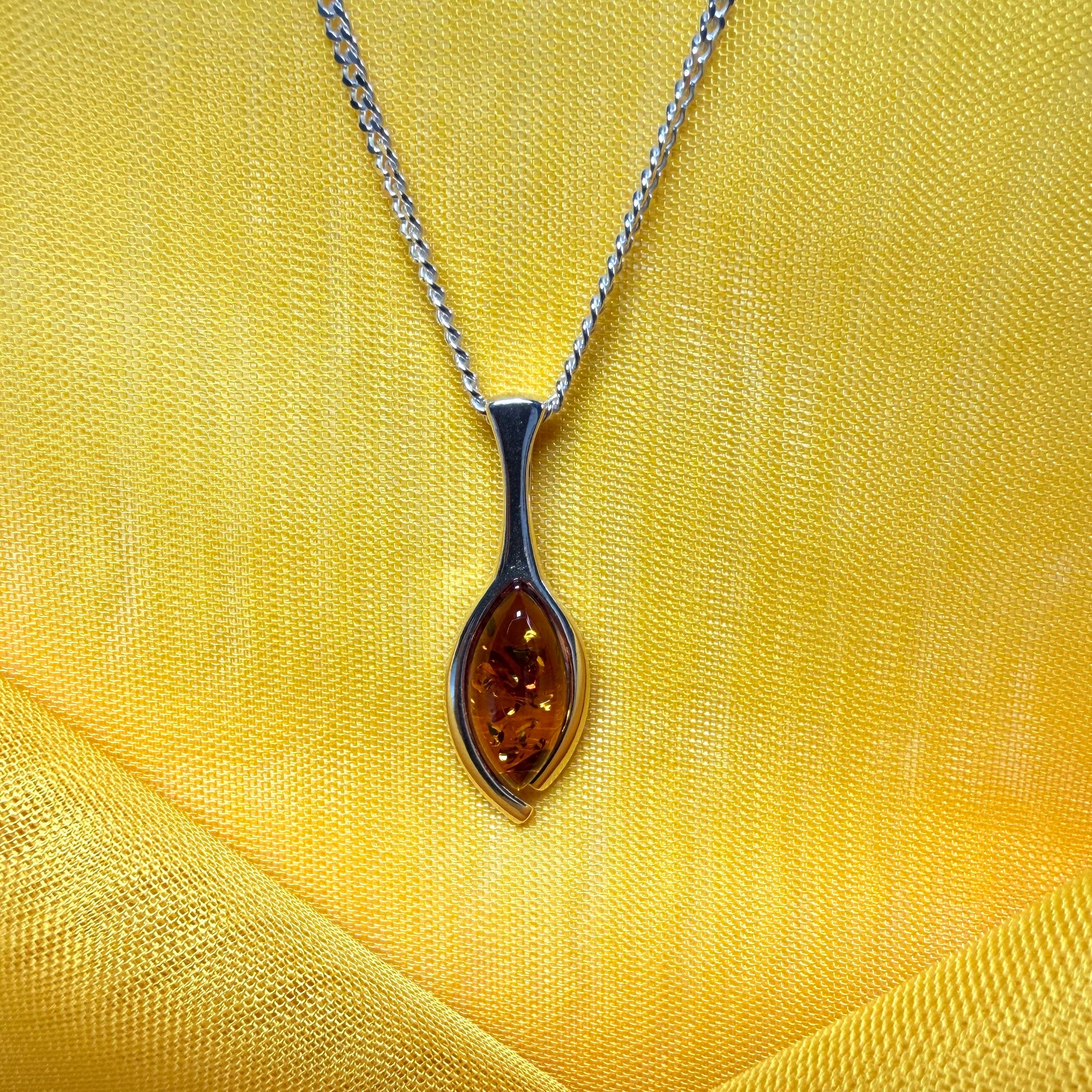 Sterling silver real amber pear shaped necklace open teardrop shaped pendant with chain