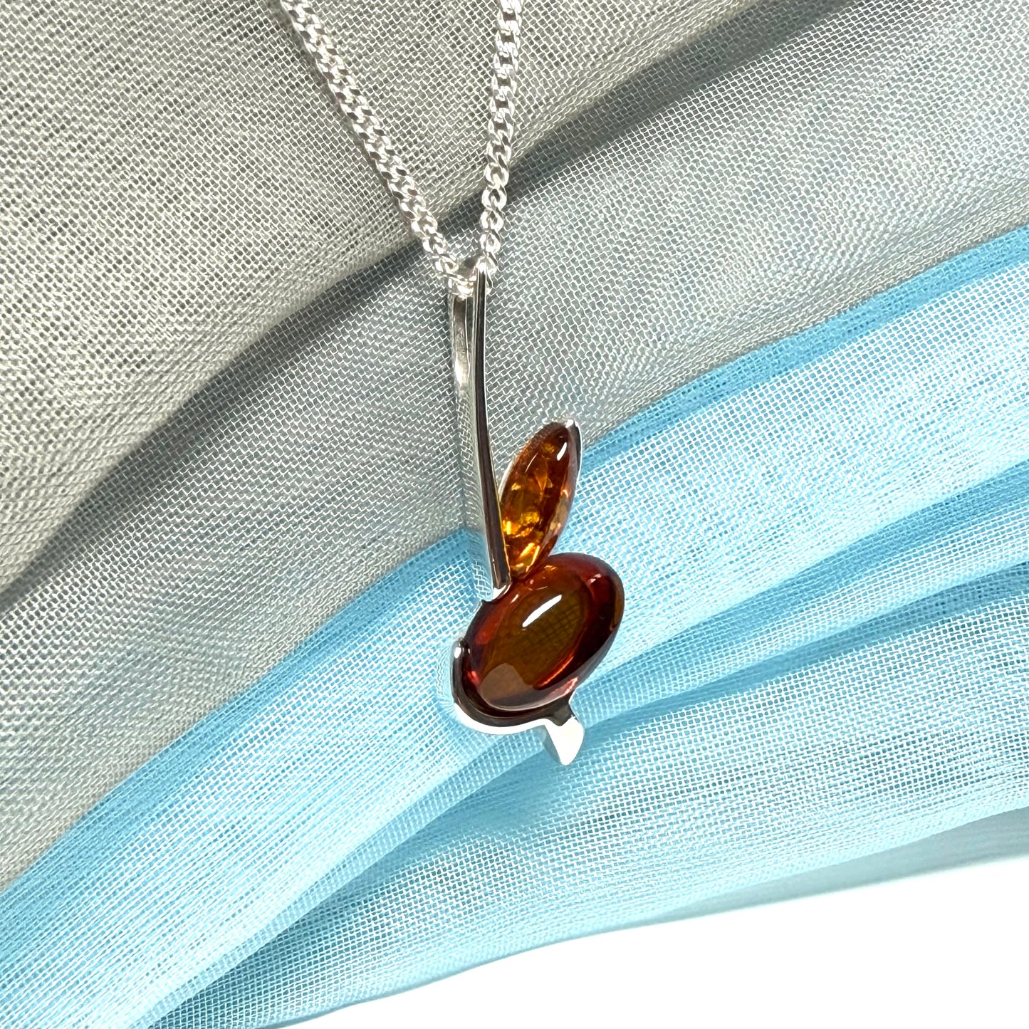 Sterling silver real amber shape necklace double pendant