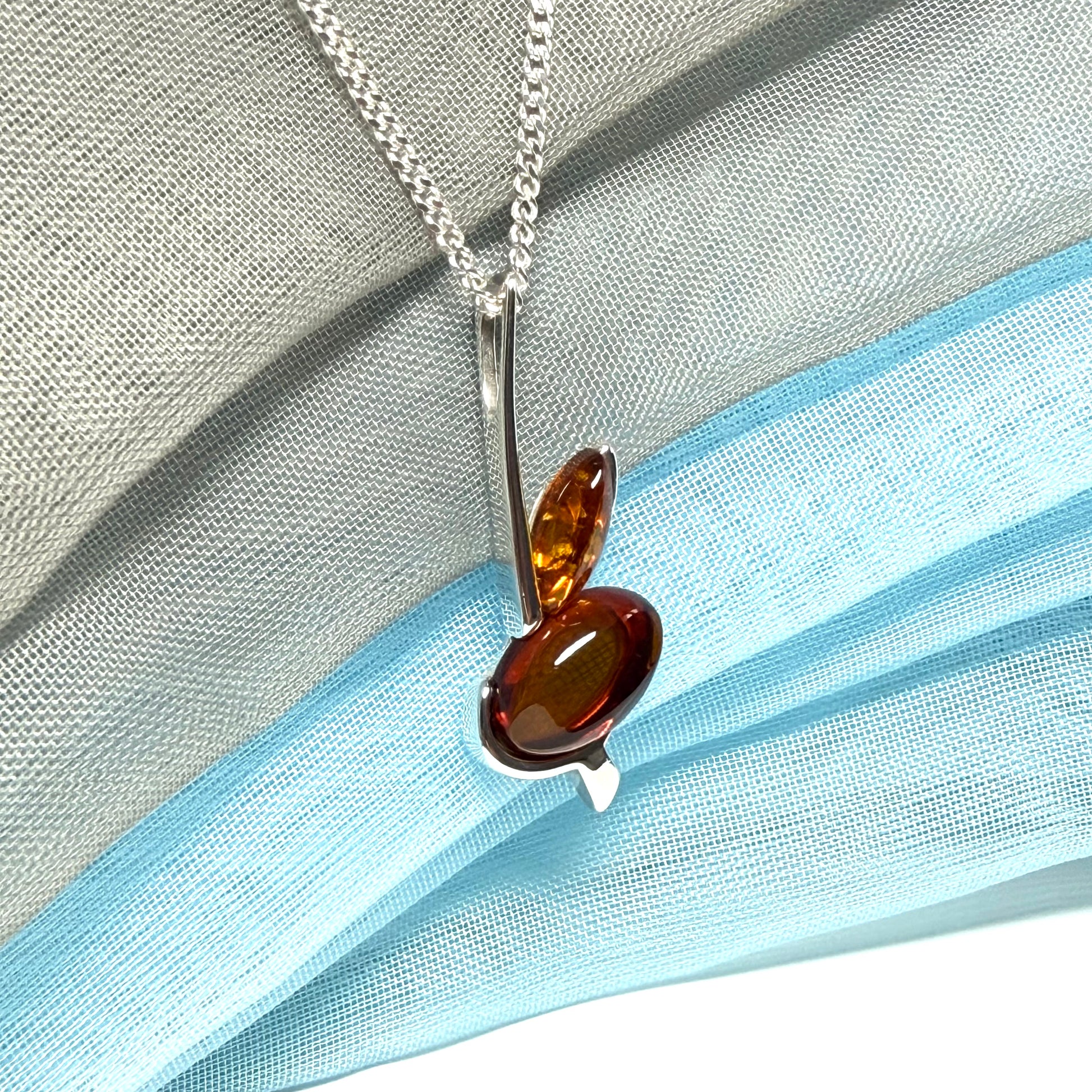 Sterling silver real amber shape necklace double pendant
