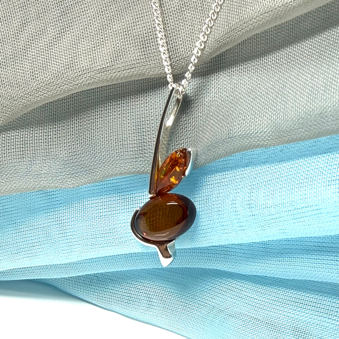 Sterling silver real amber shape necklace double pendant