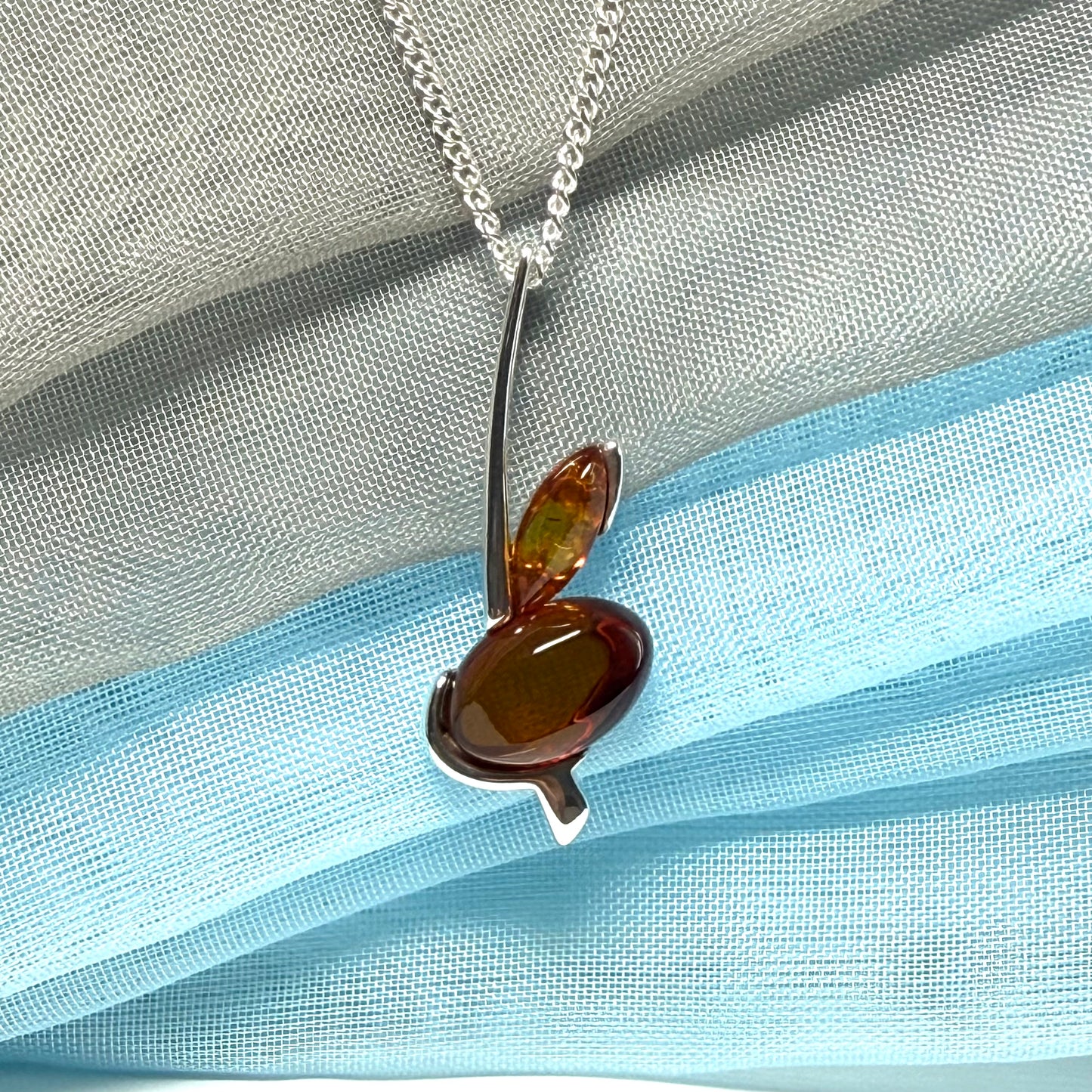 Sterling silver real amber shape necklace double pendant