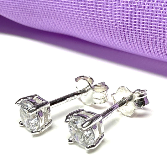 Sterling silver round cubic zirconia four claw stud earrings patterned 5 mm