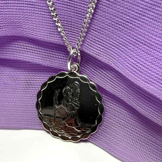 Sterling silver round solid St. Christopher with chain included