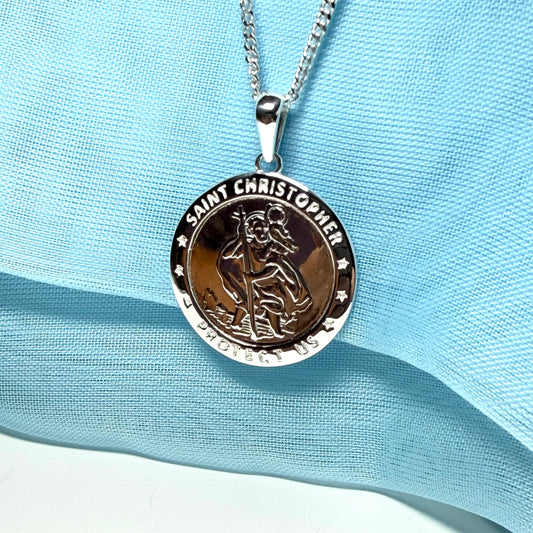 Sterling silver round solid St. Christopher with chain included 22 mm