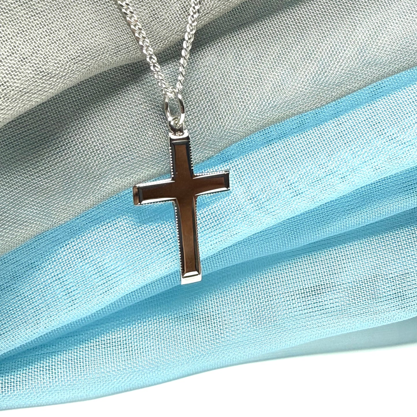 Sterling silver solid beaded edged cross with chain