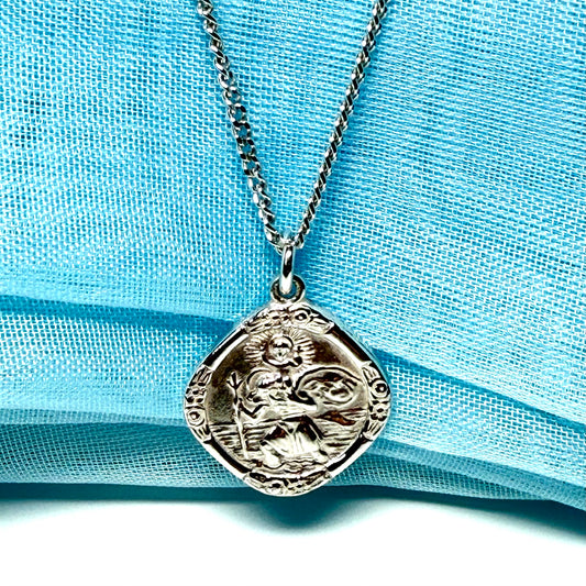 Sterling silver solid cushion shaped St. Christopher necklace double sided with chain