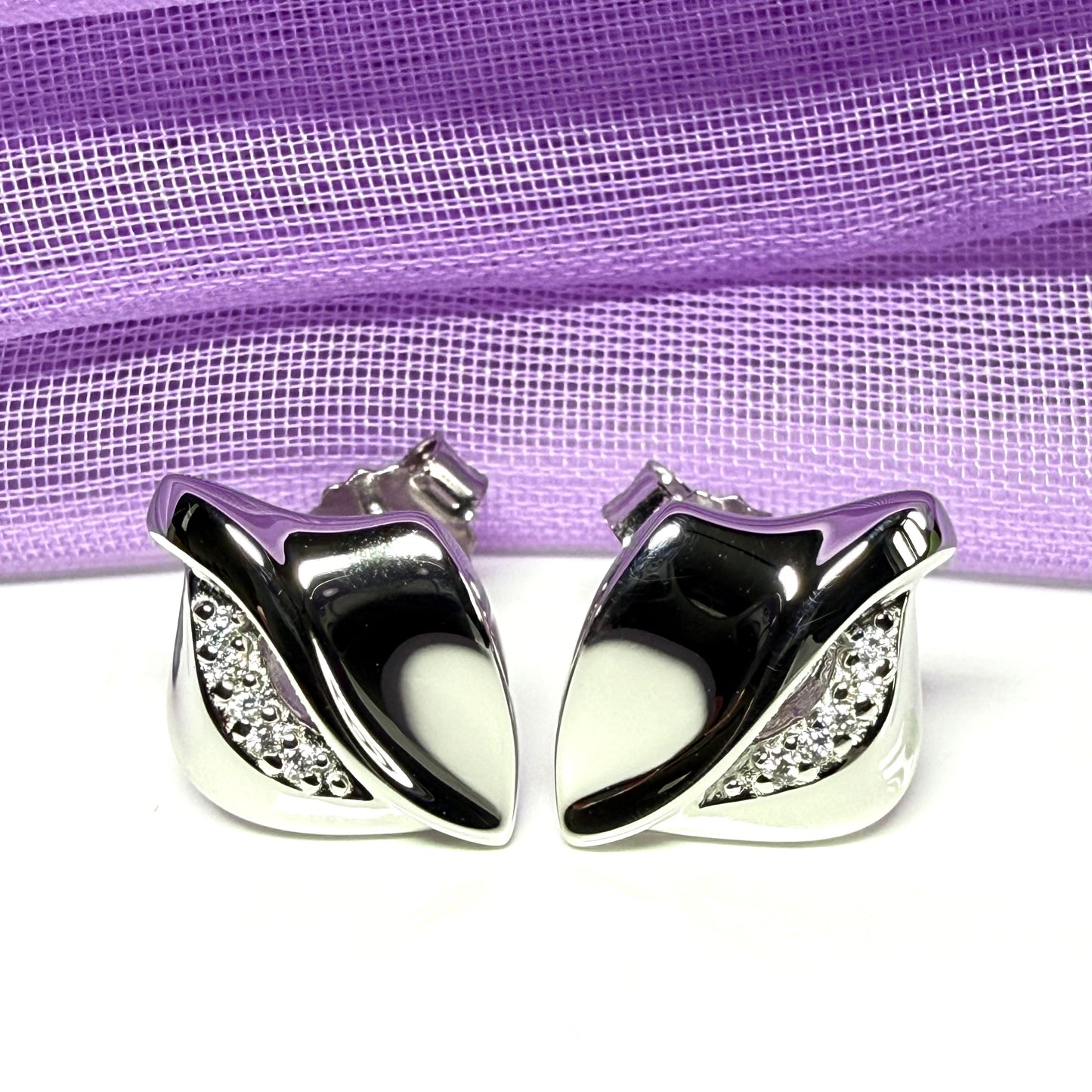 Sterling silver stud earrings dropped swirl teardrop shaped cubic zirconia