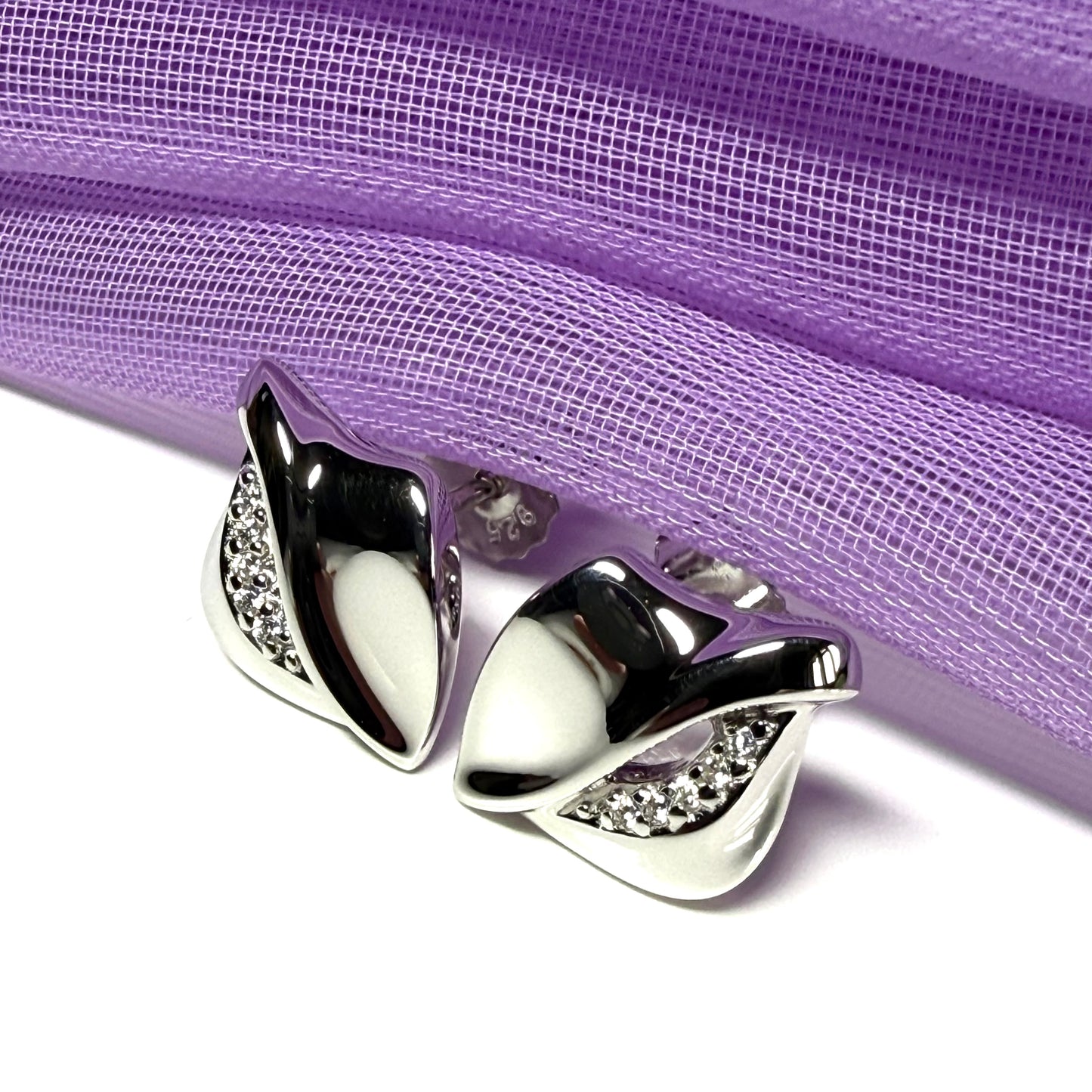 Sterling silver stud earrings dropped swirl teardrop shaped cubic zirconia