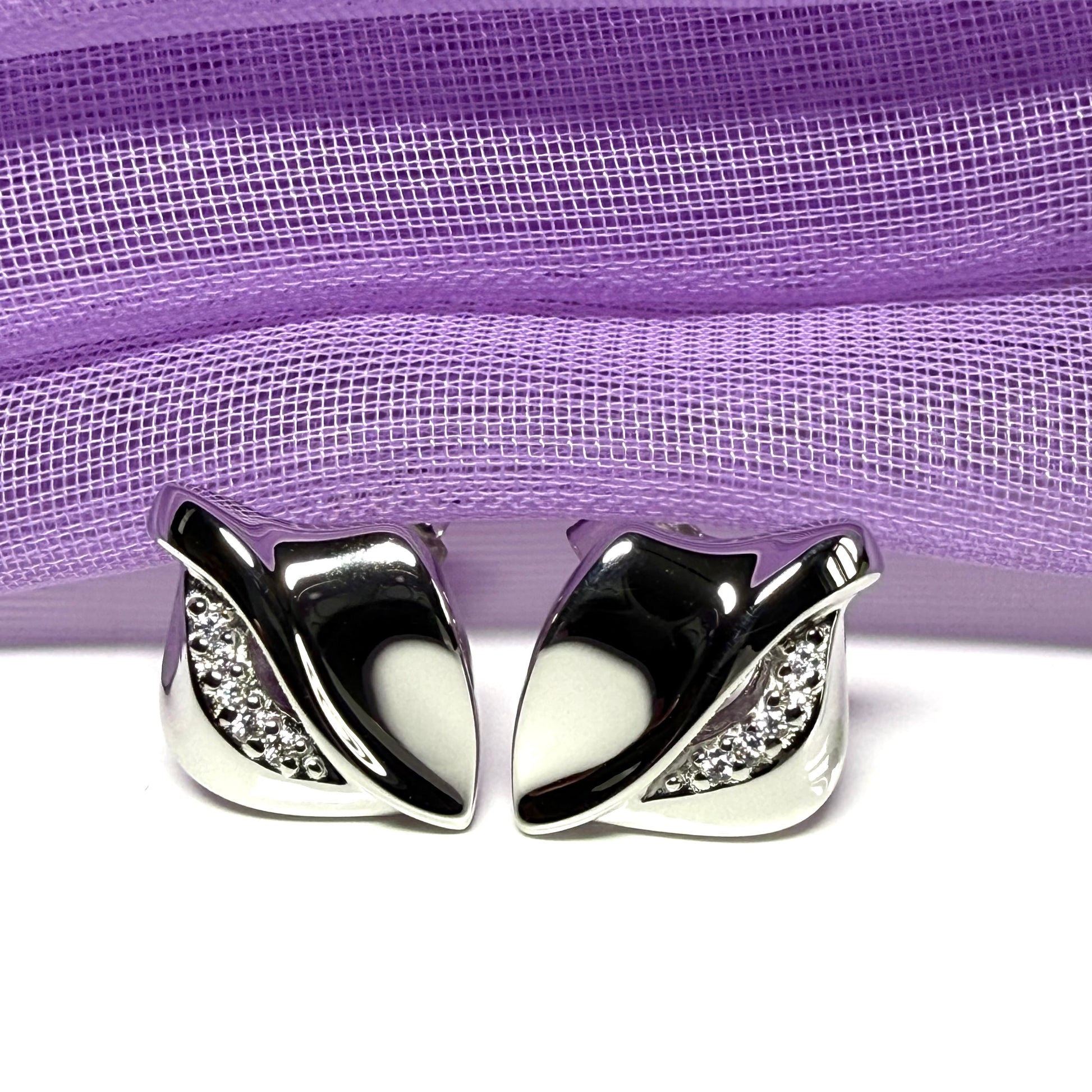 Sterling silver stud earrings dropped swirl teardrop shaped cubic zirconia