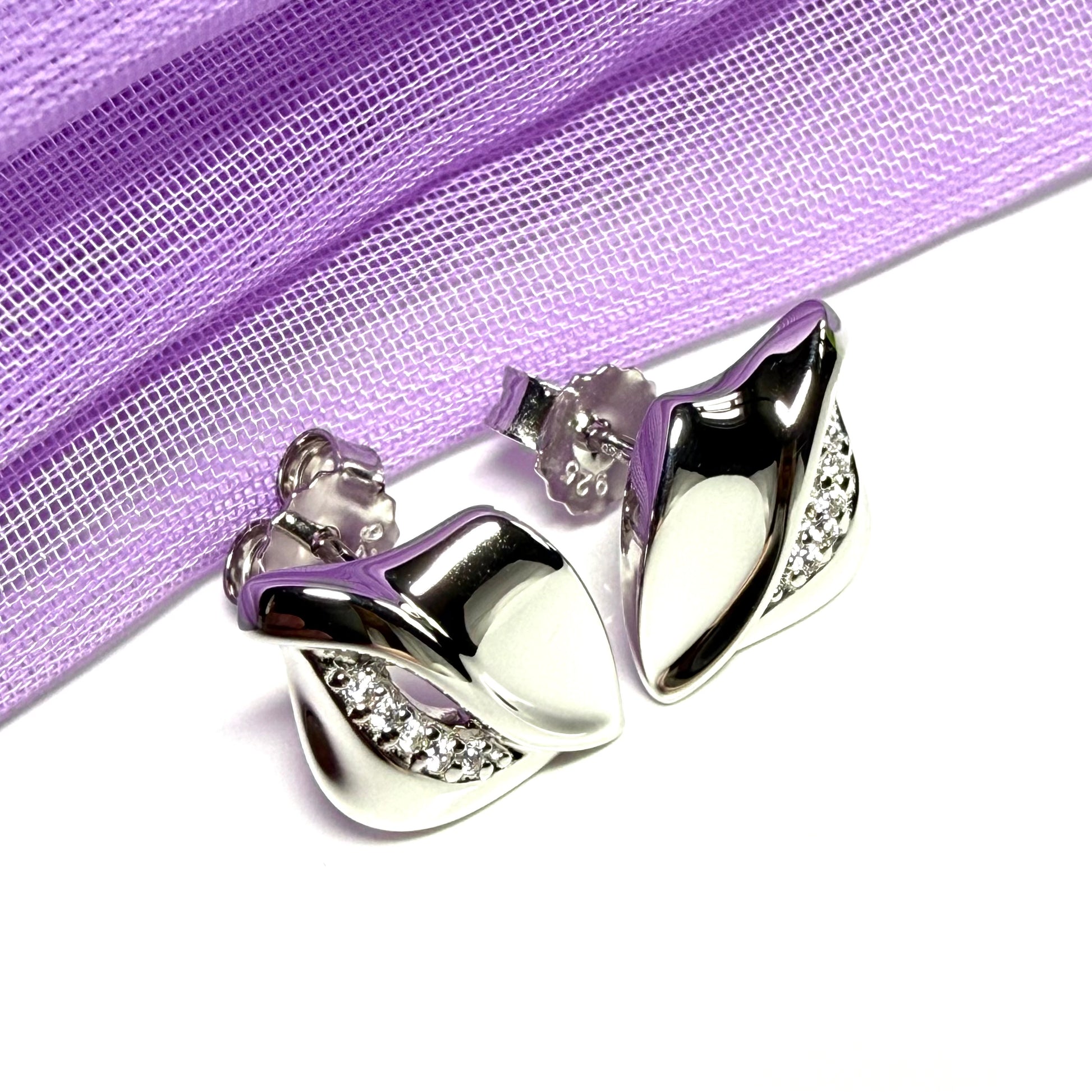 Sterling silver stud earrings dropped swirl teardrop shaped cubic zirconia