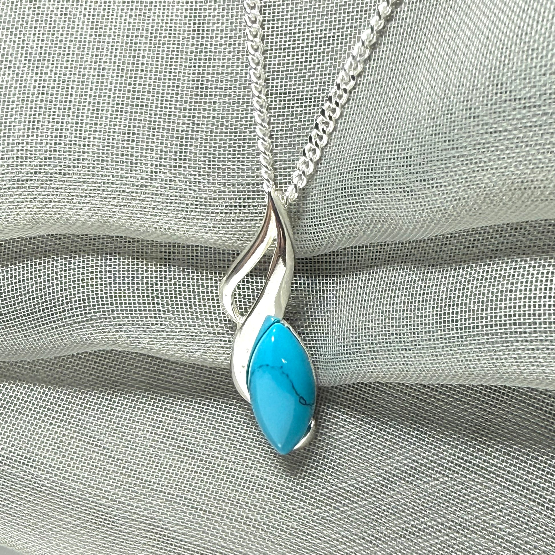 Sterling silver turquoise marquise cut necklace open pierced pendant with chain