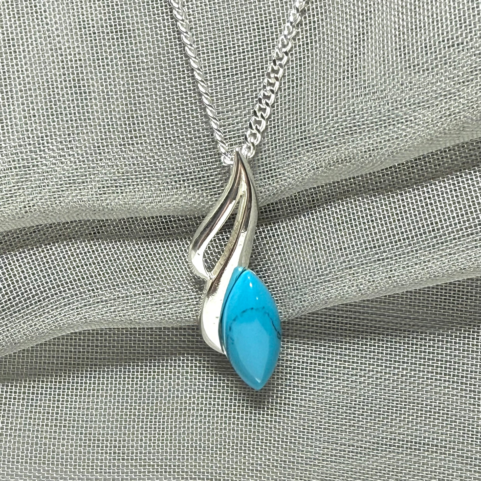 Sterling silver turquoise marquise cut necklace open pierced pendant with chain