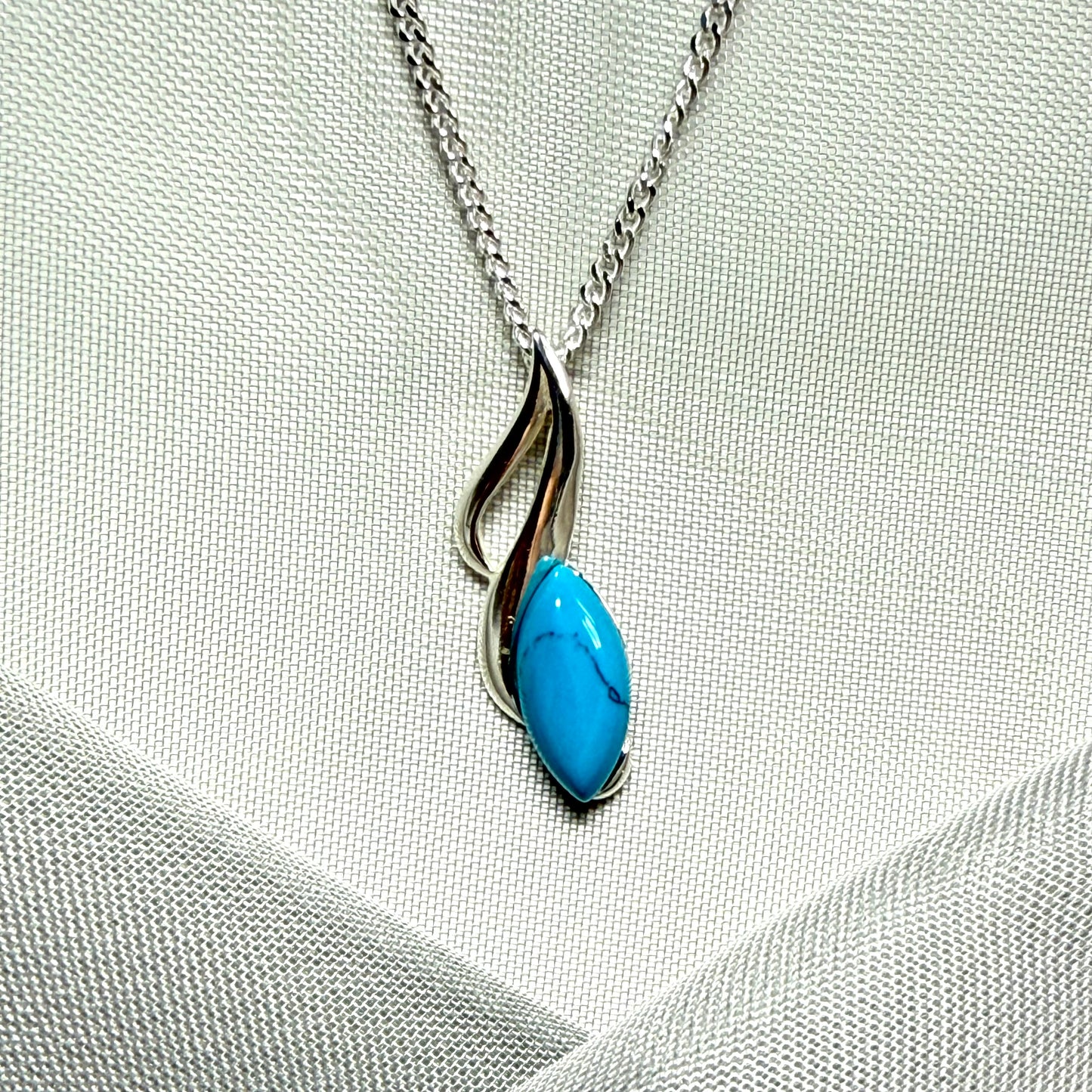 Sterling silver turquoise marquise cut necklace open pierced pendant with chain