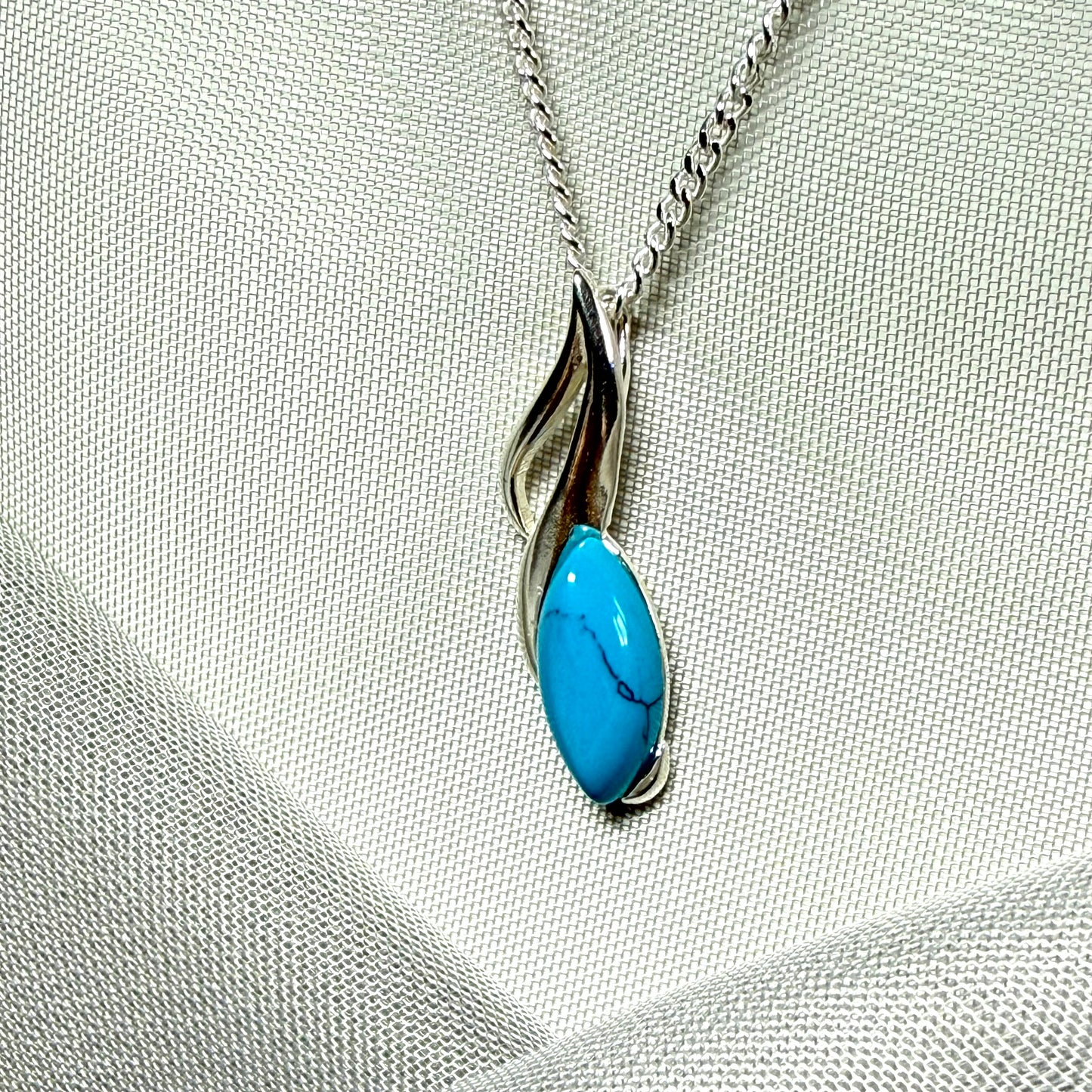 Sterling silver turquoise marquise cut necklace open pierced pendant with chain