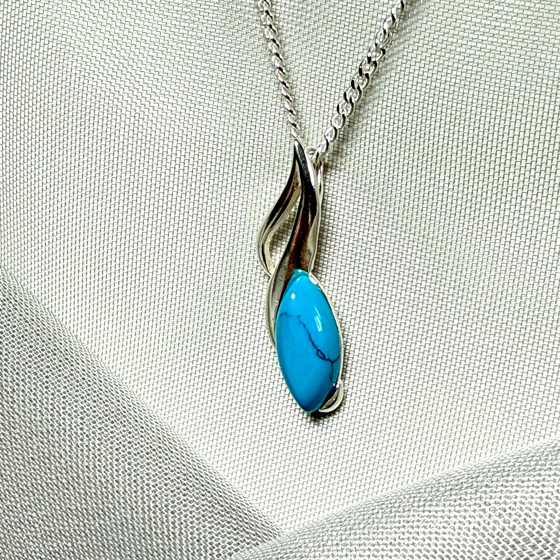 Sterling silver turquoise marquise cut necklace open pierced pendant with chain