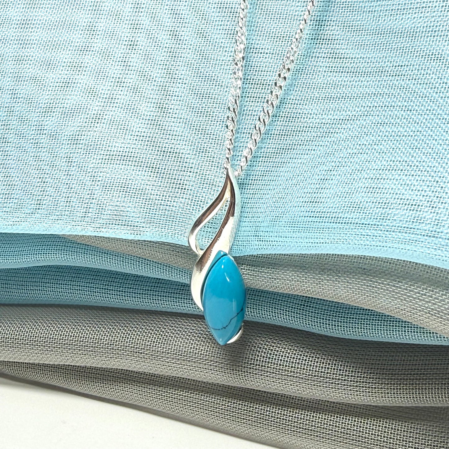 Sterling silver turquoise marquise shape necklace fancy open pierced pendant