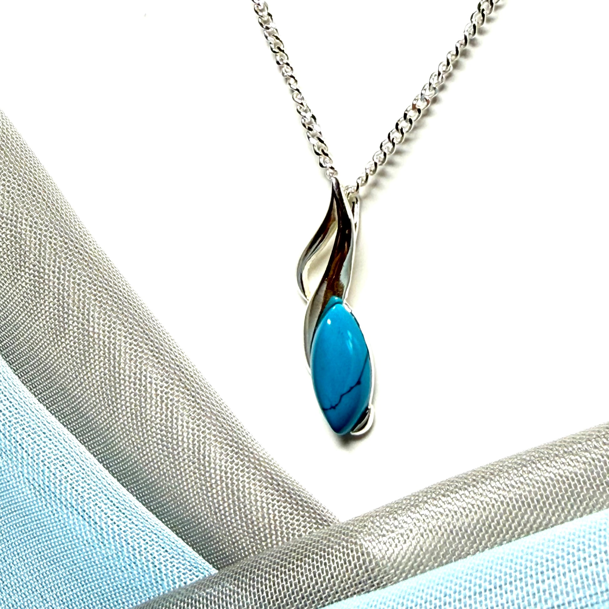 Sterling silver turquoise marquise shape necklace fancy open pierced pendant