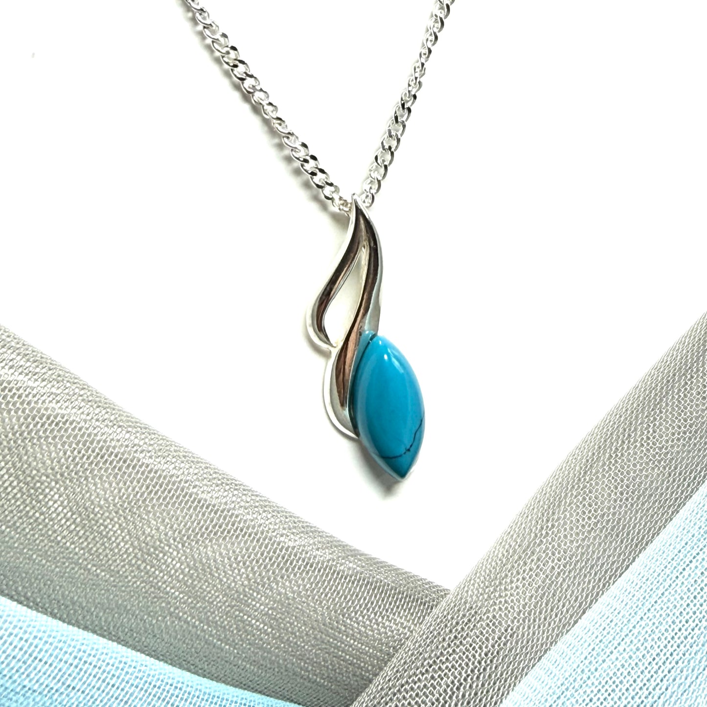 Sterling silver turquoise marquise shape necklace fancy open pierced pendant
