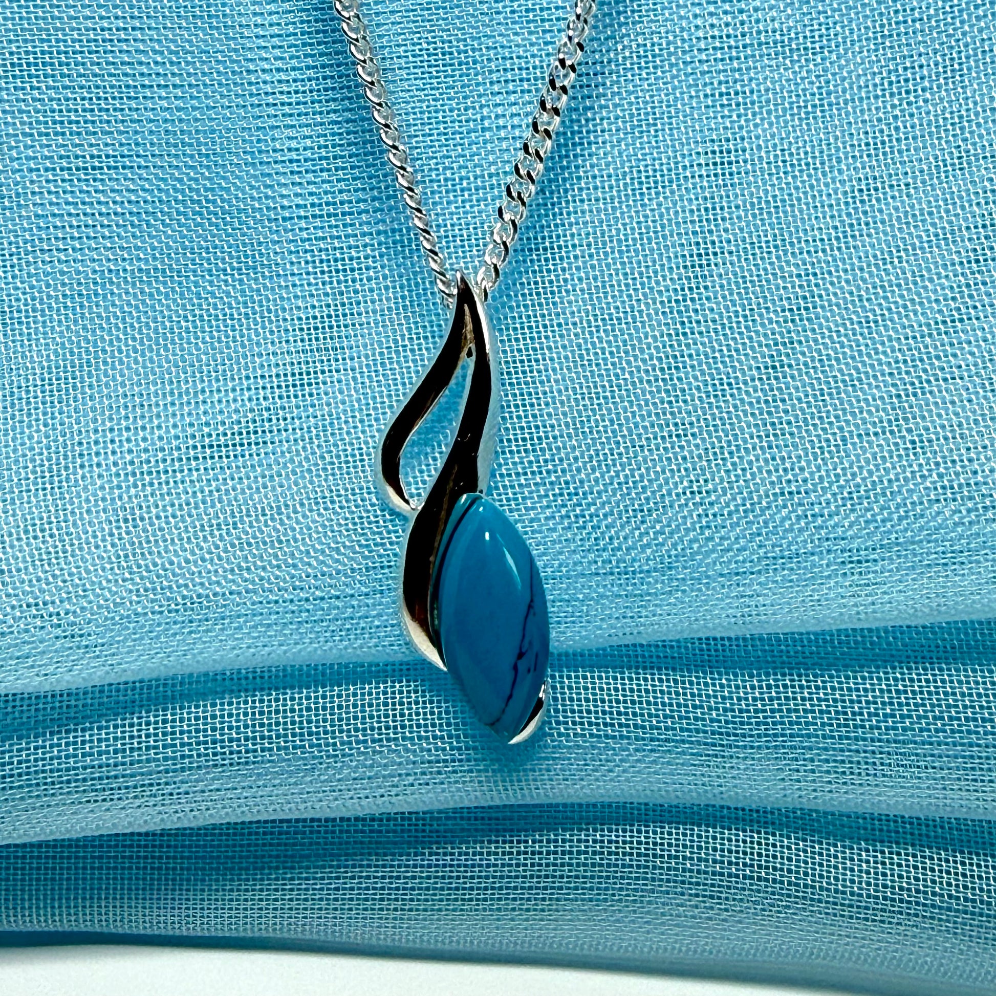 Sterling silver turquoise marquise shape necklace open pierced pendant with a chain