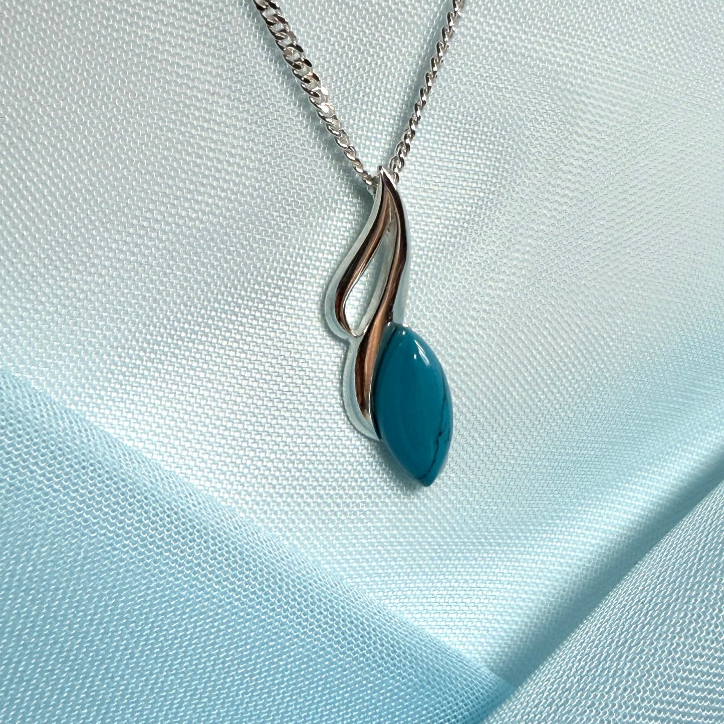 Sterling silver turquoise marquise shape necklace open pierced pendant with a chain