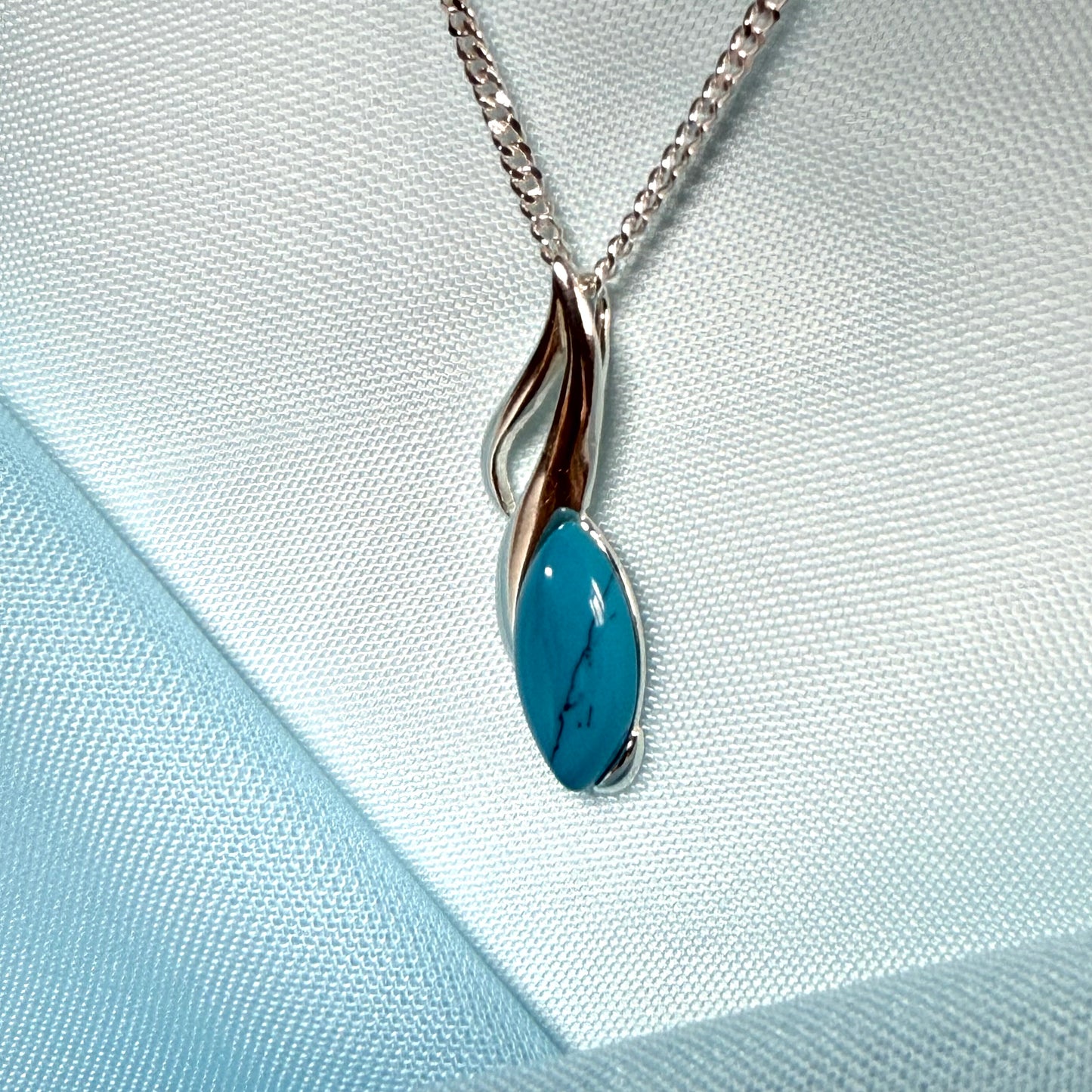 Sterling silver turquoise marquise shape necklace open pierced pendant with a chain