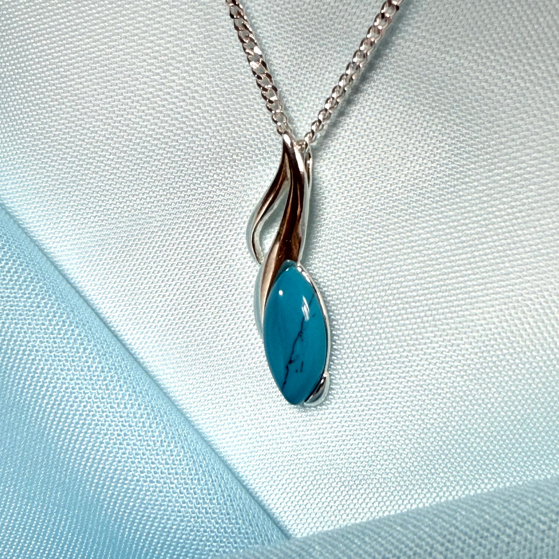 Sterling silver turquoise marquise shape necklace open pierced pendant with a chain