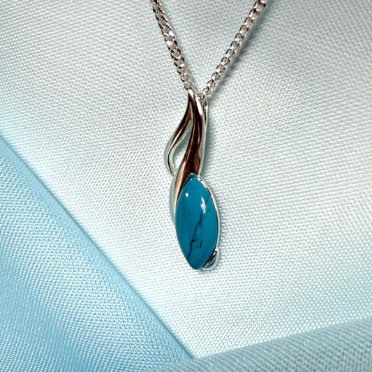 Sterling silver turquoise marquise shape necklace open pierced pendant with a chain