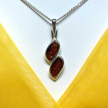 Sterling silver real amber double marquise shaped necklace